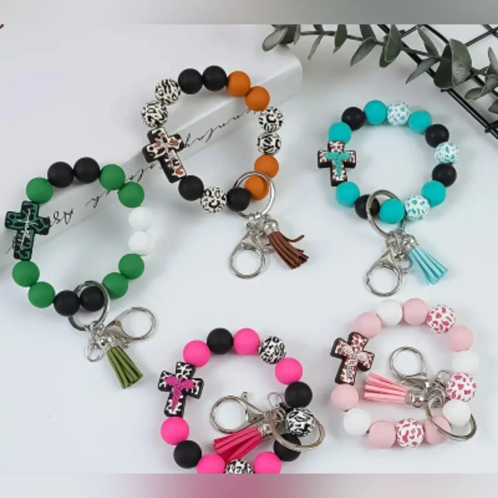 Orange Beaded Bag Charm/ Keychain Bracelet with Cross Charms